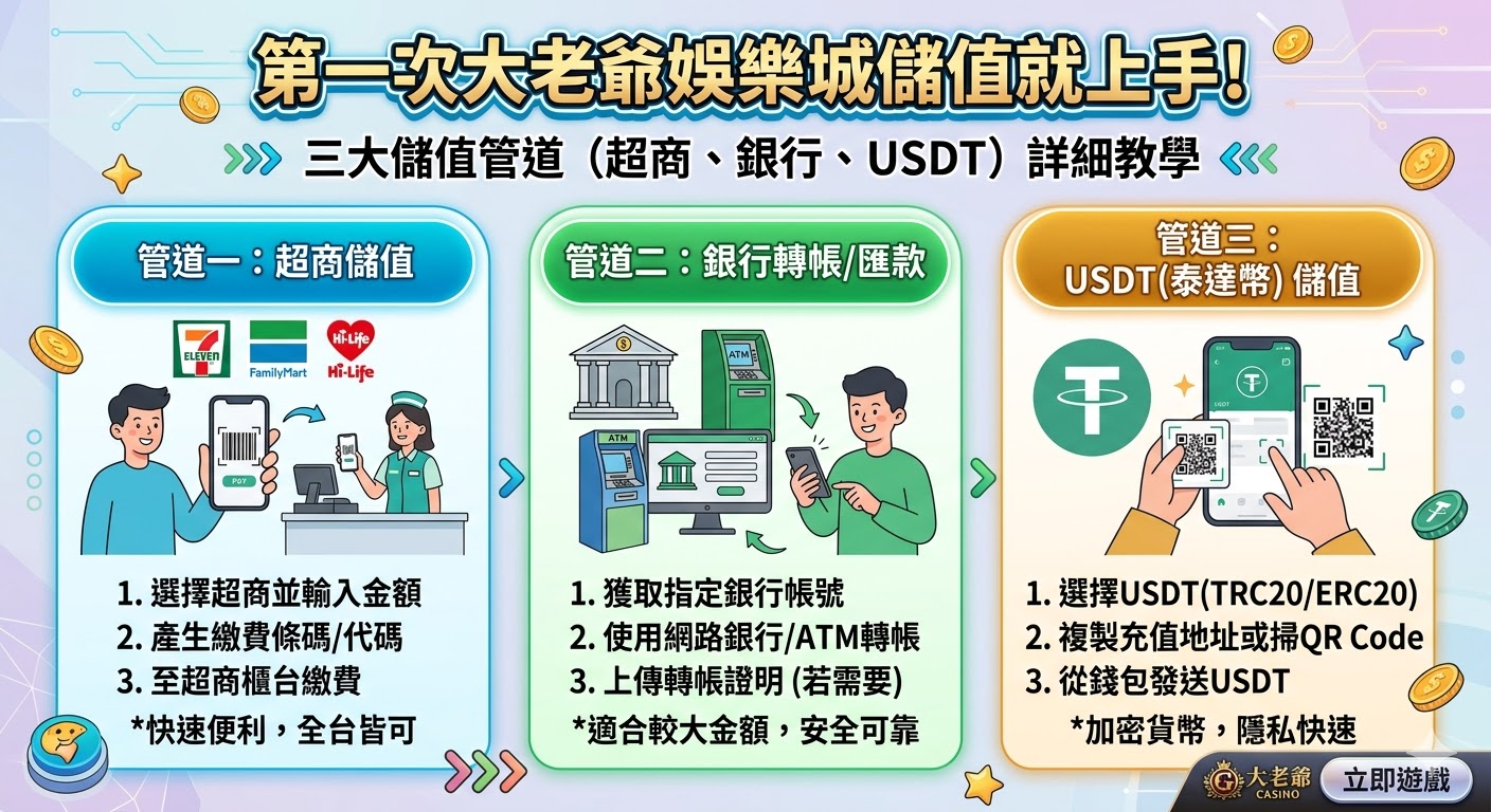 第一次大老爺娛樂城儲值就上手！三大儲值管道（超商、銀行、USDT）詳細教學